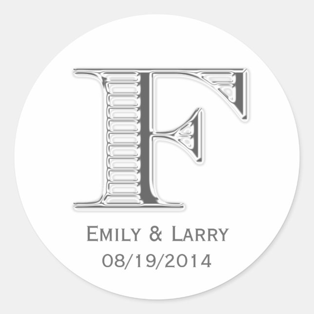Adesivo Redondo Monograma branco impresso F, favor do casamento (Frente)