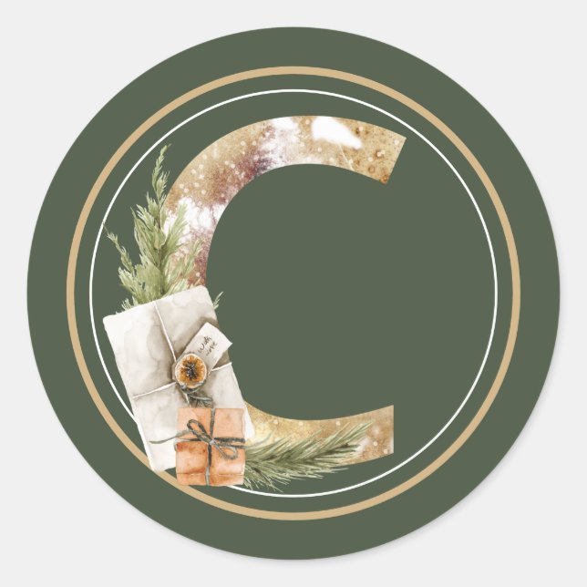 Adesivo Redondo Monograma C de Boho Natal com Embalagens (Frente)