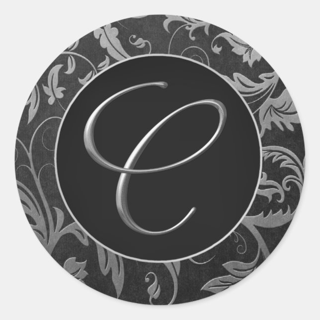 Adesivo Redondo Monograma C Prata e Casamento tema damasco preta (Frente)