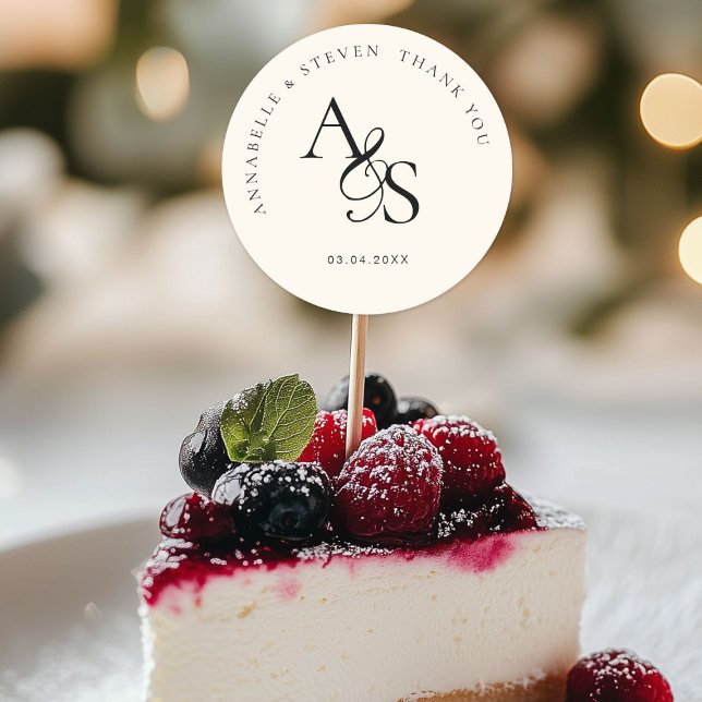 Adesivo Redondo Monograma, Casamento Obrigado (Personalized, Elegant, Classic, Monogram, Beige, "Thank You" Wedding Sticker.)