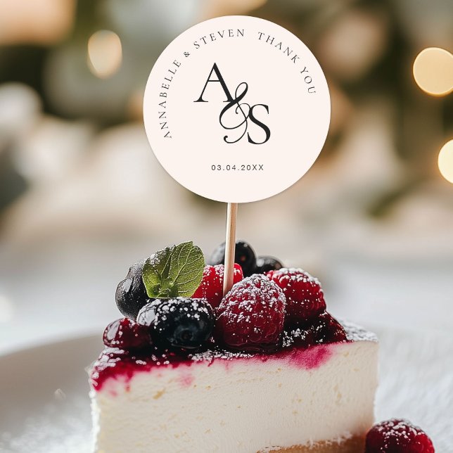 Adesivo Redondo Monograma, Casamento Obrigado (Personalized, Elegant, Classic, Monogram, Blush-Beige, "Thank You" Wedding Sticker.)