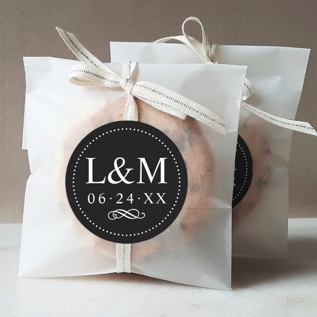 Adesivo Redondo Monograma Clássico de Casamento Negro e Branco (Criador carregado)