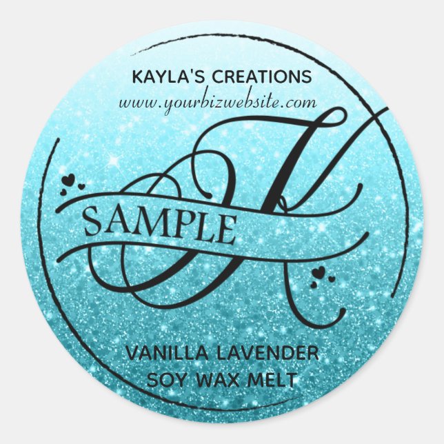 Adesivo Redondo Monograma com brilho de ouro, produto de amostra K (Frente)