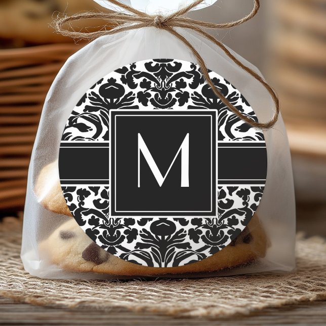 Adesivo Redondo Monograma com Damasco Preto e Branco (Personalized Sticker)