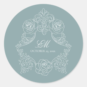 Adesivo Redondo Monograma Crest Ornament Dusty Blue WedLogo