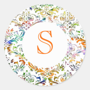 Adesivo Redondo Monograma customizável do damasco colorido