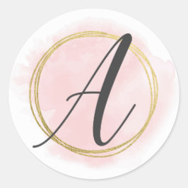 Adesivo Redondo Monograma da Letra A Rosa Bege Aquarela Dourado Ch