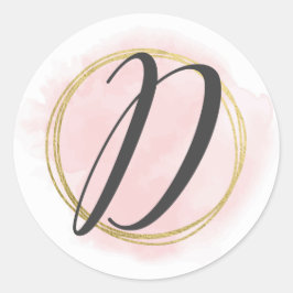 Adesivo Redondo Monograma da Letra D Rosa Bege Aquarela Dourado Ch