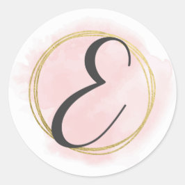 Adesivo Redondo Monograma da Letra E Rosa Bege Aquarela Dourado Ch