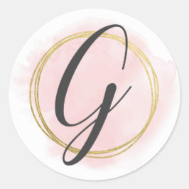 Adesivo Redondo Monograma da Letra G Rosa Bege Aquarela Dourado Ch