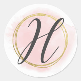 Adesivo Redondo Monograma da Letra H Rosa Bege Aquarela Dourado Ch