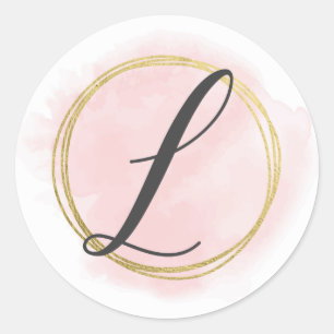 Adesivo Redondo Monograma da Letra L Rosa Bege Aquarela Dourado Ch