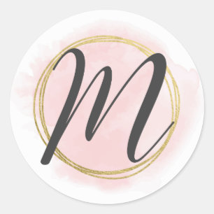 Adesivo Redondo Monograma da Letra M Rosa Bege Aquarela Dourado Ch