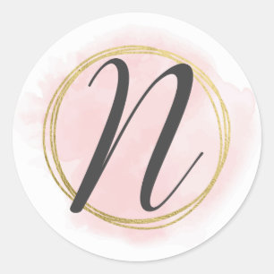 Adesivo Redondo Monograma da Letra N Rosa Bege Aquarela Dourado Ch