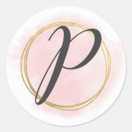 Adesivo Redondo Monograma da Letra P Rosa Bege Watercolor Dourado 