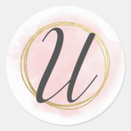 Adesivo Redondo Monograma da Letra U Rosa Bege Aquarela Dourado Ch