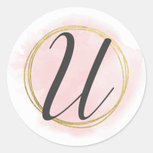 Adesivo Redondo Monograma da Letra U Rosa Bege Aquarela Dourado Ch