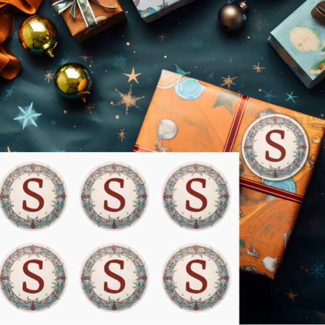 Adesivo Redondo Monograma da Rua de Natal (A single initial is shown on a Christmas wreath monogram sticker label.)