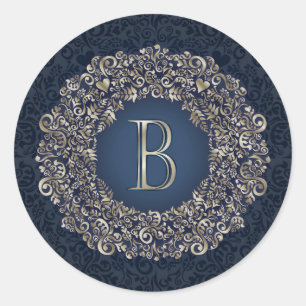 Adesivo Redondo Monograma Damask Fancy B Letra Azul Dourada