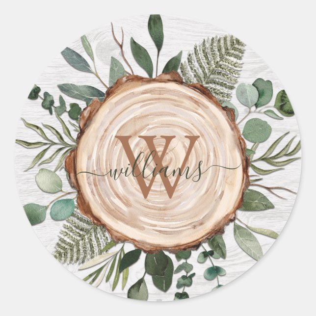 Adesivo Redondo Monograma de Aguarela Fatia de Madeira Rústica e F (Frente)