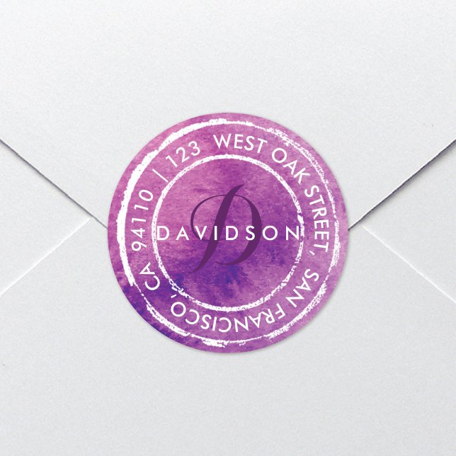 Adesivo Redondo Monograma de Aquarela Rústica Roxa | Endereço redo (Criador carregado)