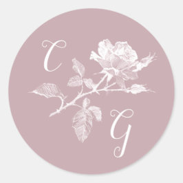 Adesivo Redondo Monograma de Arte de Linha de Rosa em Rosa Empoeir