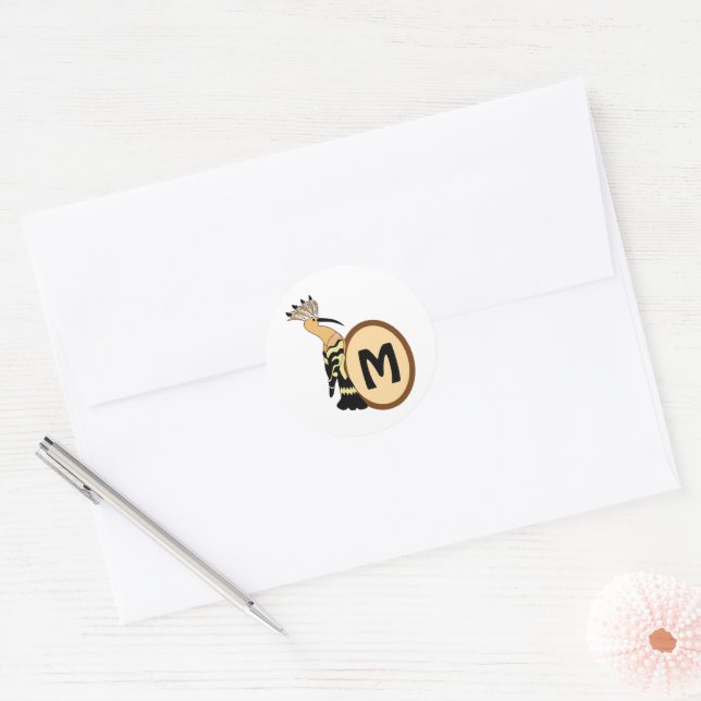 Adesivo Redondo Monograma de Ave Whimsical Hoopoe (Envelope)