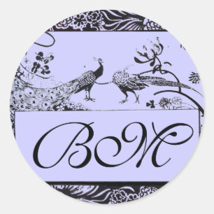 Adesivo Redondo MONOGRAMA DE AVES DE AMOR DE CASAMENTO, azul e pre