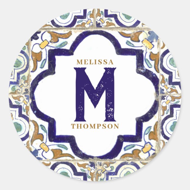 Adesivo Redondo Monograma de Azulejos Botânicos de Vintage (Frente)