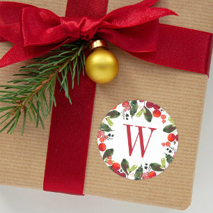 Adesivo Redondo Monograma de Bagas de Verde Natal Vermelho Elegant