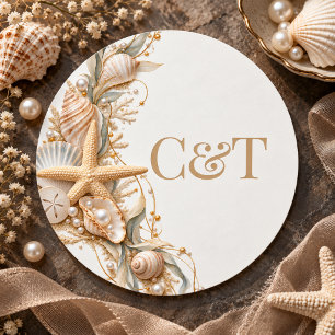 Adesivo Redondo Monograma de Casamento à Beira-Mar com Conchas e C