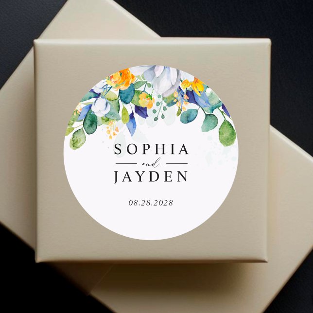 Adesivo Redondo Monograma de casamento azul-branco floral Elegante (Criador carregado)