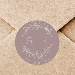 Adesivo Redondo Monograma de Casamento Botânico de Arte em Linha R