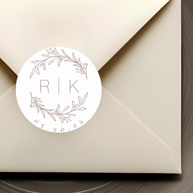 Adesivo Redondo Monograma de Casamento Botânico de Arte em Linha R (Criador carregado)