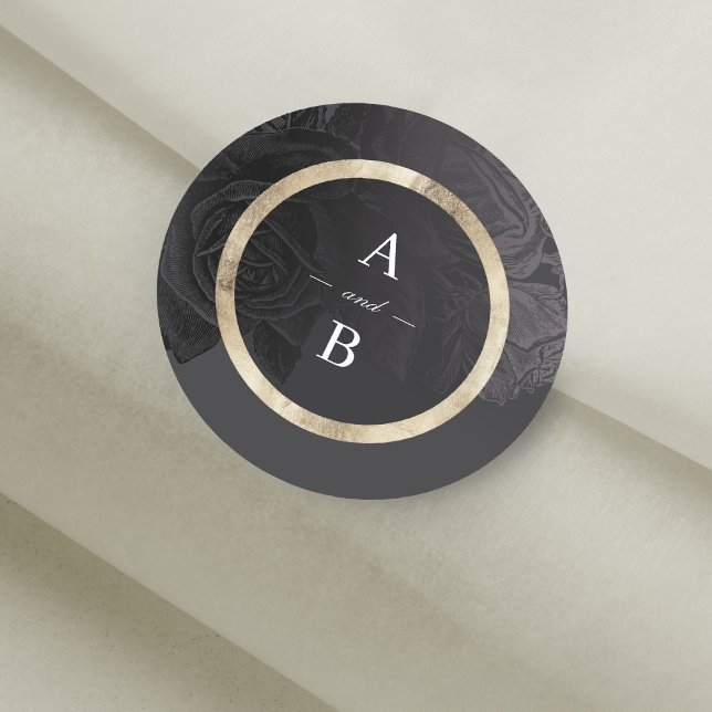 Adesivo Redondo Monograma de casamento botânico preto-rosa de-luxo (Luxe rose black vintage botanical wedding monogram classic round sticker)