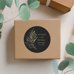 Adesivo Redondo Monograma de Casamento com Folha Dourada Negra Mod