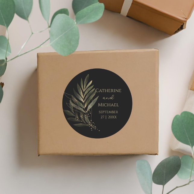 Adesivo Redondo Monograma de Casamento com Folha Dourada Negra Mod (Criador carregado)