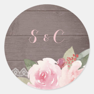 Adesivo Redondo Monograma de casamento com renda floral de aquarel