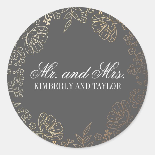 Adesivo Redondo Monograma de Casamento da Cinza Floral Dourada (Frente)