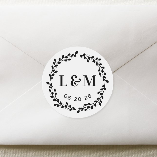 Adesivo Redondo Monograma de Casamento de Ferro Botânico (Criador carregado)
