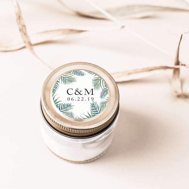 Adesivo Redondo Monograma de Casamento de Folhagem Tropical (Criador carregado)