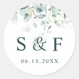 Adesivo Redondo Monograma de Casamento de Folhagem Verde Elegante