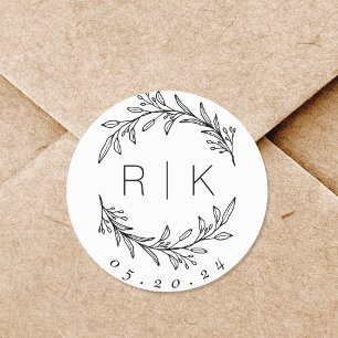 Adesivo Redondo Monograma de Casamento de Fúria Botânica de Arte d