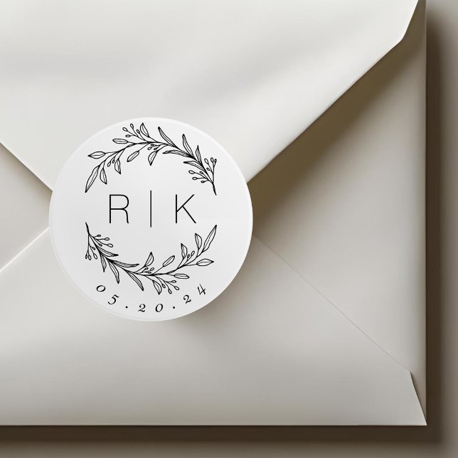 Adesivo Redondo Monograma de Casamento de Fúria Botânica de Arte d (Criador carregado)