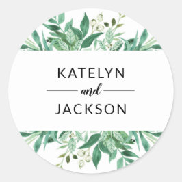 Adesivo Redondo Monograma de Casamento de Quadro Botânico de Folha