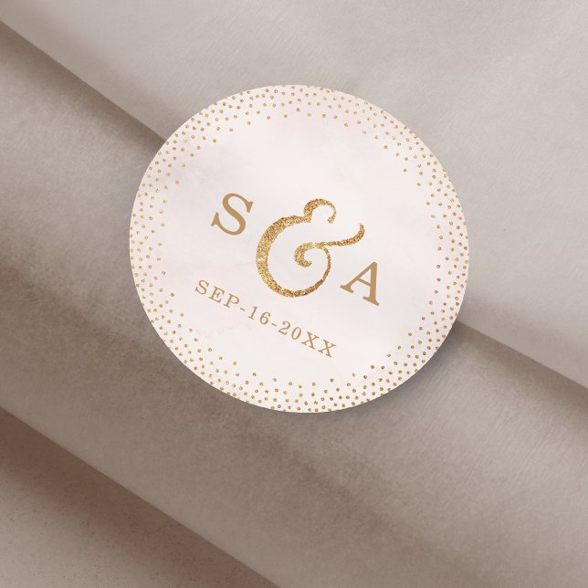Adesivo Redondo Monograma de casamento de rosa de ouro com brilho  (Modern blush glitter rose gold wedding monogram classic round sticker)