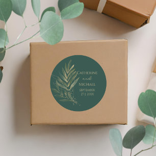 Adesivo Redondo Monograma de Casamento Dourado de Folha Verde Mode