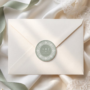 Adesivo Redondo Monograma de casamento em renda vintage verde sage