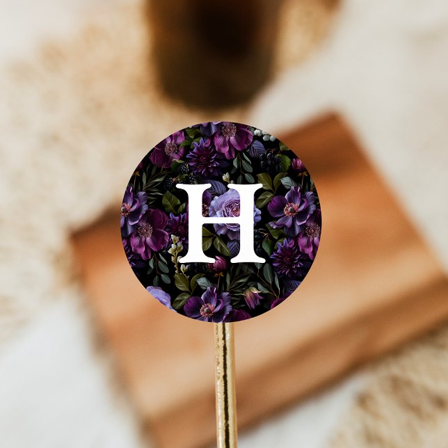 Adesivo Redondo Monograma de Casamento Floral com Púrpura e Moody (Criador carregado)