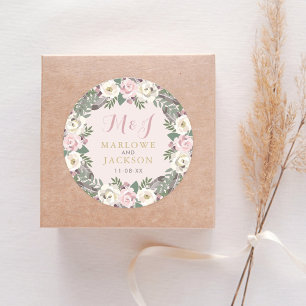 Adesivo Redondo Monograma de Casamento Floral de Boho Rosa Russo